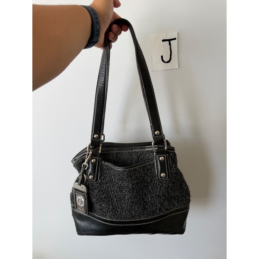 Tignanello Shoulder Bag Boucle Tweed Leather Trim Black Grey US Womens Medium